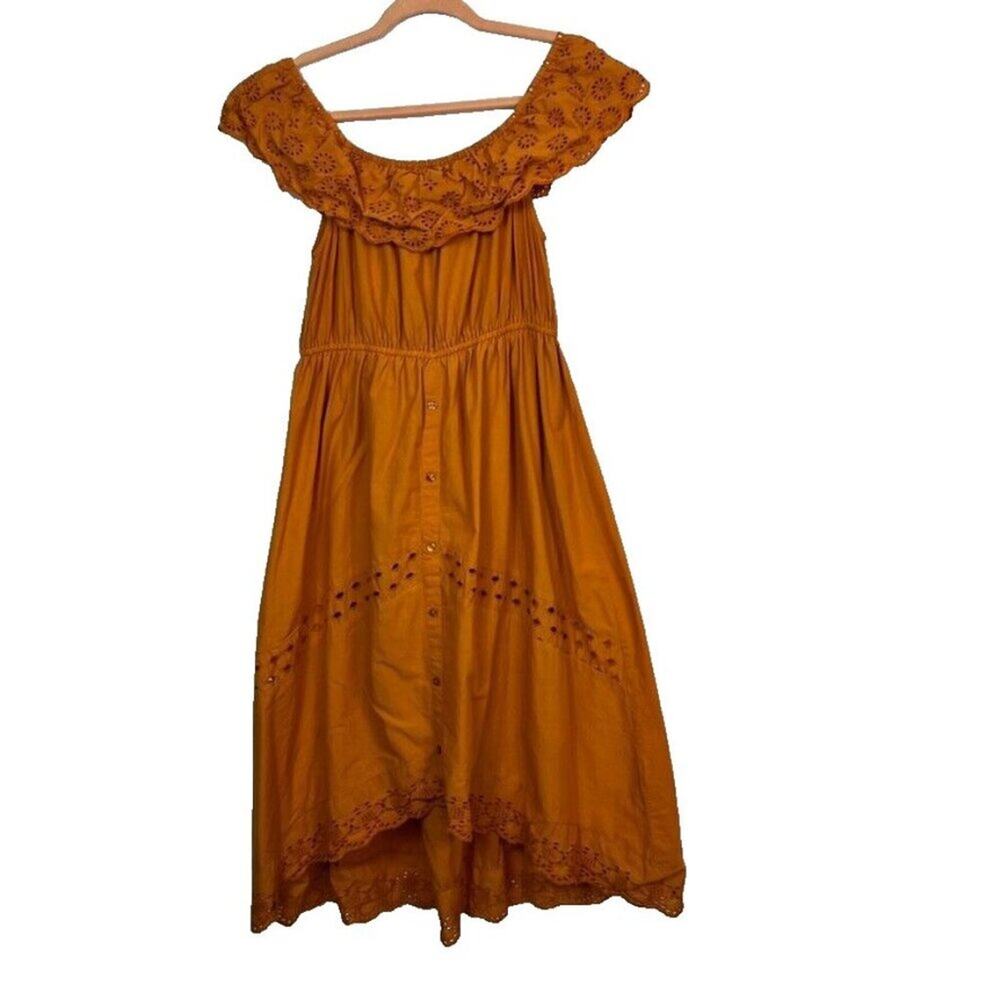 J.Glee Dress Womens Large Dark Yellow Eyelet Off Shoulders Hi Low Embroidered